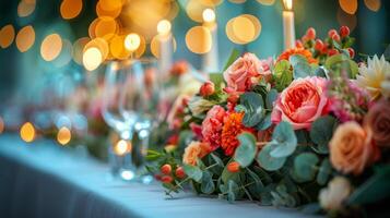 ai gegenereerd tafel versierd met bloemen en kaarsen foto