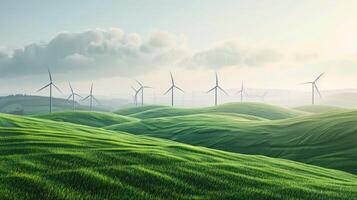 ai gegenereerd groen gras veld- met wind turbines in achtergrond foto