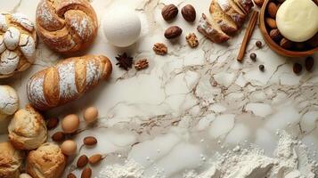 bord van croissants bekroond met gepoederd suiker en rasp foto