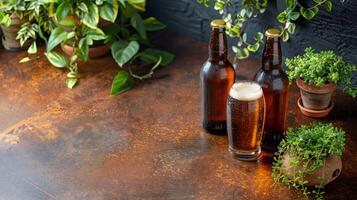 tafel met bier flessen en ingemaakt planten foto