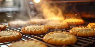 ai gegenereerd heerlijk koekjes met stoom- stijgende lijn, wijzend op ze zijn beide van de oven. foto