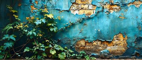 ai gegenereerd de strak schoonheid van natuur terugvorderen een pellen blauw muur, naast elkaar verval en groei, creëren een krachtig natuurlijk artwork foto
