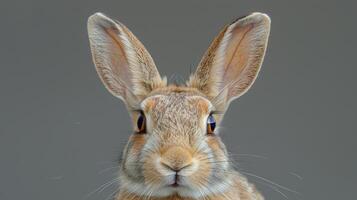 dichtbij omhoog van een konijnen gezicht Aan grijs achtergrond foto