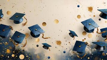 diploma uitreiking petten en confetti gegooid in de lucht foto