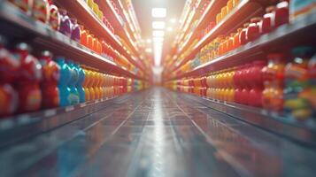 een supermarkt gangpad gevulde met flessen foto