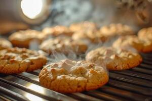 ai gegenereerd heerlijk koekjes met stoom- stijgende lijn, wijzend op ze zijn beide van de oven. foto