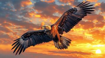 majestueus kaal adelaar vliegend in voorkant van een zonsondergang foto