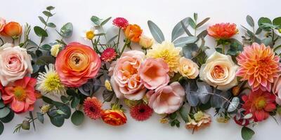 ai gegenereerd elegant bloemen arrangement met rozen en dahlia's Aan wit foto