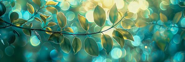 ai gegenereerd zacht groen en blauw bokeh achtergrond gemaakt door natuurlijk licht filteren door bladeren foto