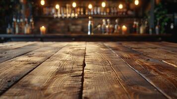 glas van bier Aan houten tafel foto