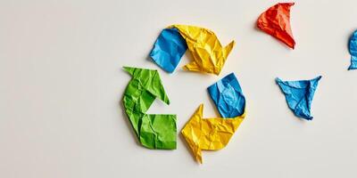 ai gegenereerd multi gekleurde verfrommeld papier vormen een recycling symbool, vertegenwoordigen de belang van duurzaamheid en verspilling beheer foto