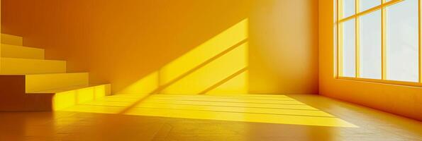 ai gegenereerd de scherp hoeken van een modern geel trappenhuis zijn gemarkeerd door de strak zonlicht streaming door een venster. foto