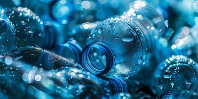 ai gegenereerd sprankelend water druppels Aan blauw plastic flessen foto