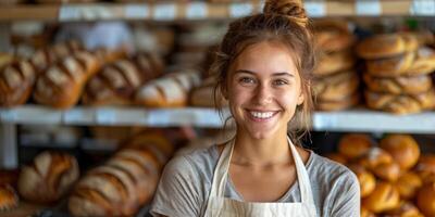 ai gegenereerd glimlachen vrouw bakker in schort Bij ambachtelijk brood winkel foto