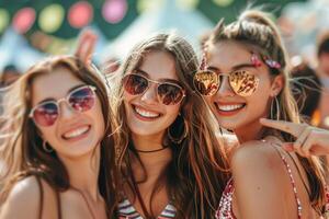 drie jong Dames poseren samen Bij een muziek- festival foto