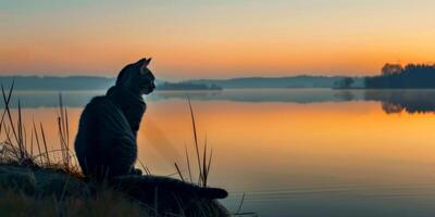 contemplatief kat aftekenen tegen een adembenemend meer zonsondergang foto