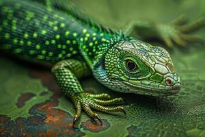 intens groen hagedis neerstrijken Aan een getextureerde blad in de wild foto