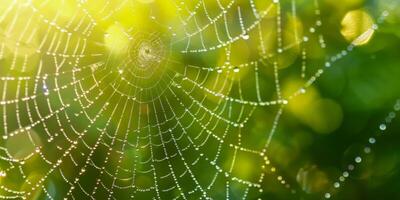 ochtend- dauw sieren een spin web in gouden licht foto