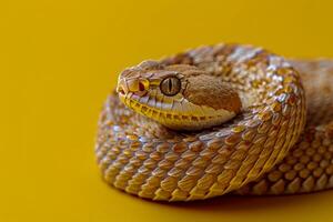 gouden geschaald slang Aan levendig geel achtergrond foto