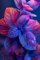 macro levendigheid met dauw gekust bladeren in Purper en blauw tinten foto