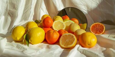 citrus genot een medley van vers citroenen en sinaasappels in zonlicht foto