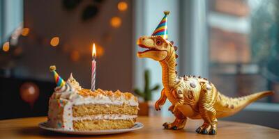 feestelijk dinosaurus speelgoed- met verjaardag taart en kaars foto