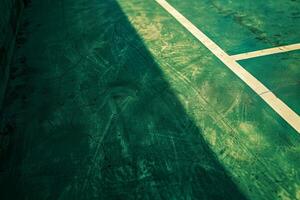 versleten tennis rechtbank oppervlakte met levendig groen lijnen en texturen foto