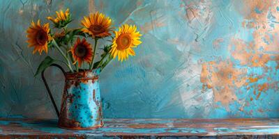 zonnebloemen in een rustiek theepot tegen een turkoois getextureerde backdrop foto