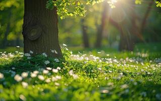 zon schijnt door bomen en gras foto