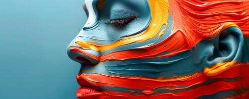levendig abstract gezicht schilderij in blauw en oranje foto