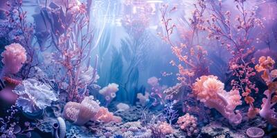 mystiek zee tuin koraal rif ecosysteem in dromerig onderwater- licht foto