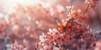 vlinder neerstrijken Aan top van roze bloemen foto