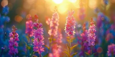 veld- van Purper bloemen met zon in achtergrond foto