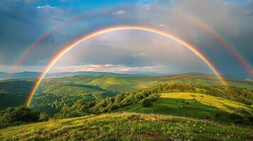 twee regenbogen over- groen heuvel foto