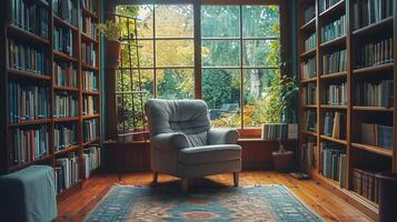 kamer gevulde met boeken en meubilair foto