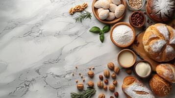 tafel bekroond met brood en broodjes gedekt in gepoederd suiker foto