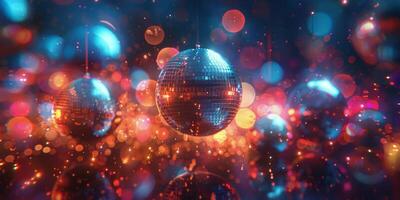 disco bal hangende van draad met achtergrond lichten foto