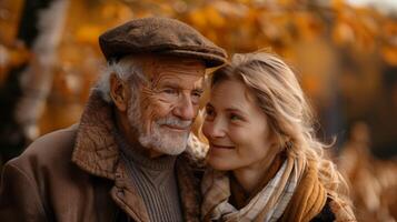 ouderen Mens met jonger vrouw glimlachen samen in herfst instelling foto