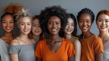 verschillend groep van Dames glimlachen samen tegen een grijs achtergrond foto