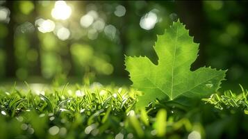 verlicht groen blad tegen zacht bokeh ochtend- licht foto