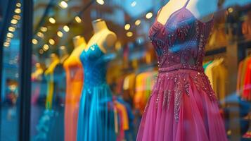 elegant avond jurken weergegeven in winkel venster Bij schemer foto