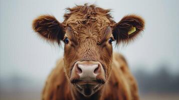 nieuwsgierig bruin koe omhoog dichtbij Aan een mistig dag foto