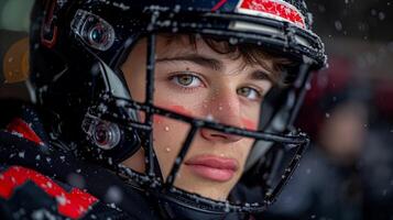 detailopname van jong Amerikaans voetbal speler gedurende een spel Aan een besneeuwd dag foto