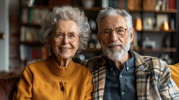 senior paar glimlachen samen in knus binnen- instelling foto