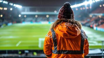 toeschouwer in winter kleding Bij avond Amerikaans voetbal bij elkaar passen foto