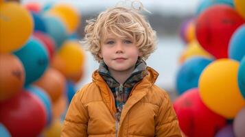 jong jongen omringd door kleurrijk ballonnen Aan een bewolkt dag foto