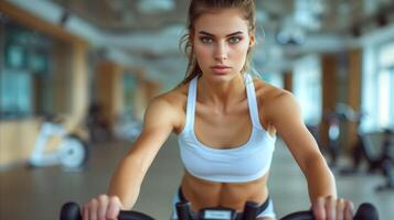 vastbesloten vrouw oefenen Aan stationair fiets in Sportschool foto