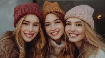 glimlachen trio in breien hoeden genieten van winter samen foto