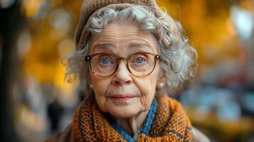 ouderen vrouw met bril in herfst instelling foto