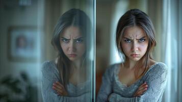 jong vrouw reflecterend emotie in spiegel foto